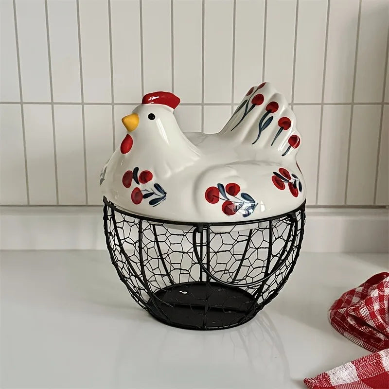Clovelle Hen Ceramic Egg Holder Basket – Farmhouse Chicken Egg Storage Container with Lid for Kitchen Counter, Fruit and Vegetable Storage
