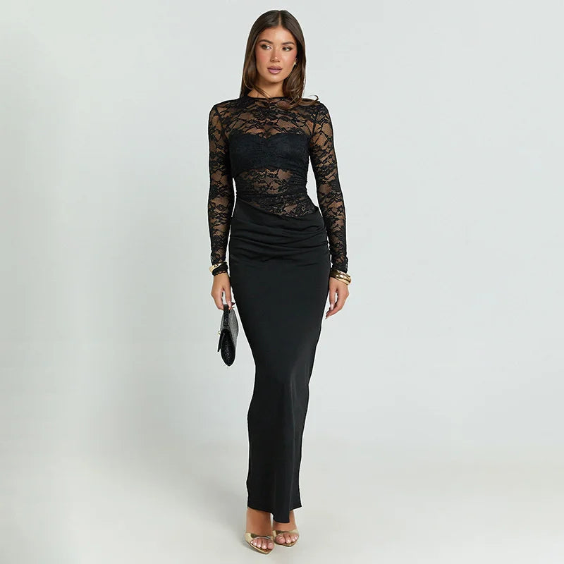 Meliora Long Sleeve Lace Bodice Maxi Dress – Lace Evening Gown and Bodycon Occasion Dress