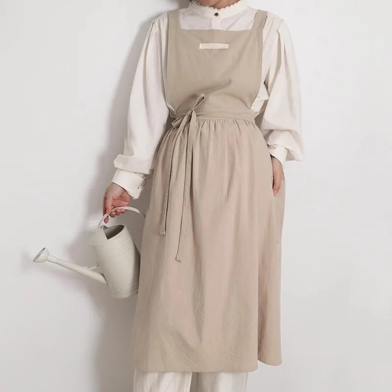 Classic Tie-Waist Apron Dress – Adjustable Kitchen & Baking Apron with Pockets