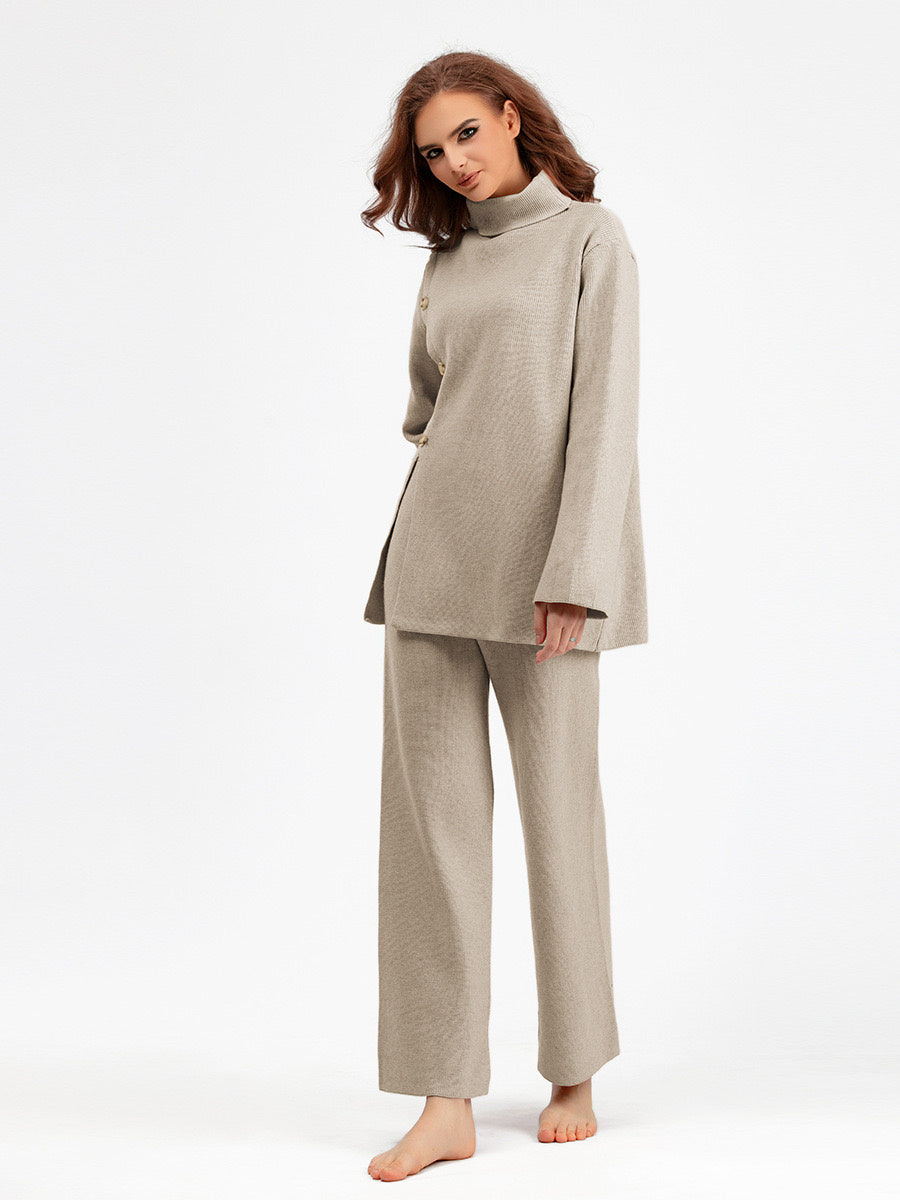 Selara Button Detail Knit Co-Ord Set – Women’s Knitted Lounge Two-Piece with High Neck and Wide Sleeve Top
