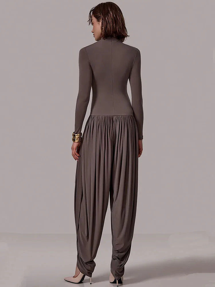 Naerra Draped Harem Jumpsuit – High Neck Long Sleeve Bodysuit One-Piece for Contemporary Evening & Occasionwear