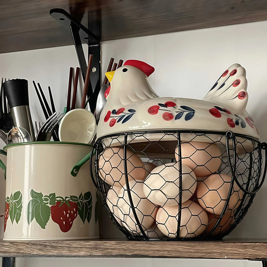 Clovelle Hen Ceramic Egg Holder Basket – Farmhouse Chicken Egg Storage Container with Lid for Kitchen Counter, Fruit and Vegetable Storage