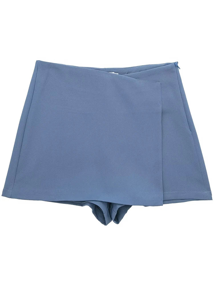 Sorlette Asymmetric Wrap Skort – High Waist Mini Skirt Shorts for Women in Cream, Blue, Black, Brown & Purple