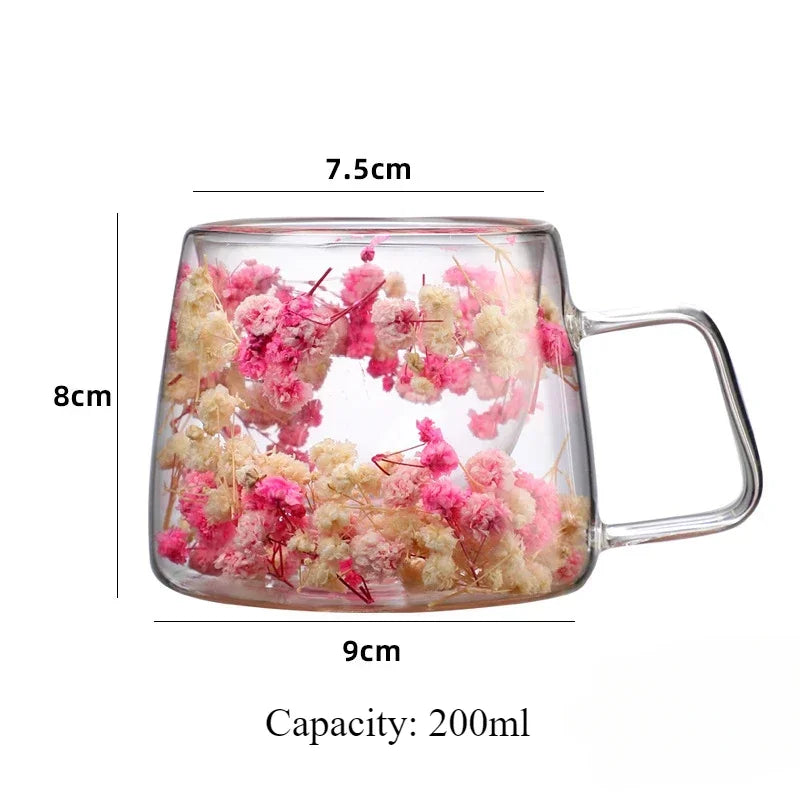 Bloom Infusion Double Wall Glass Mug – Clear Floral Tea & Coffee Cup with Floating Pink, Purple, Blue Flower Design
