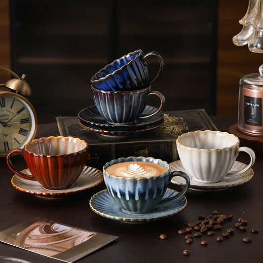 Aurevian Ribbed Coffee and Tea Cup and Saucer Set – Textured Ceramic Cup 200ml Signature Tableware