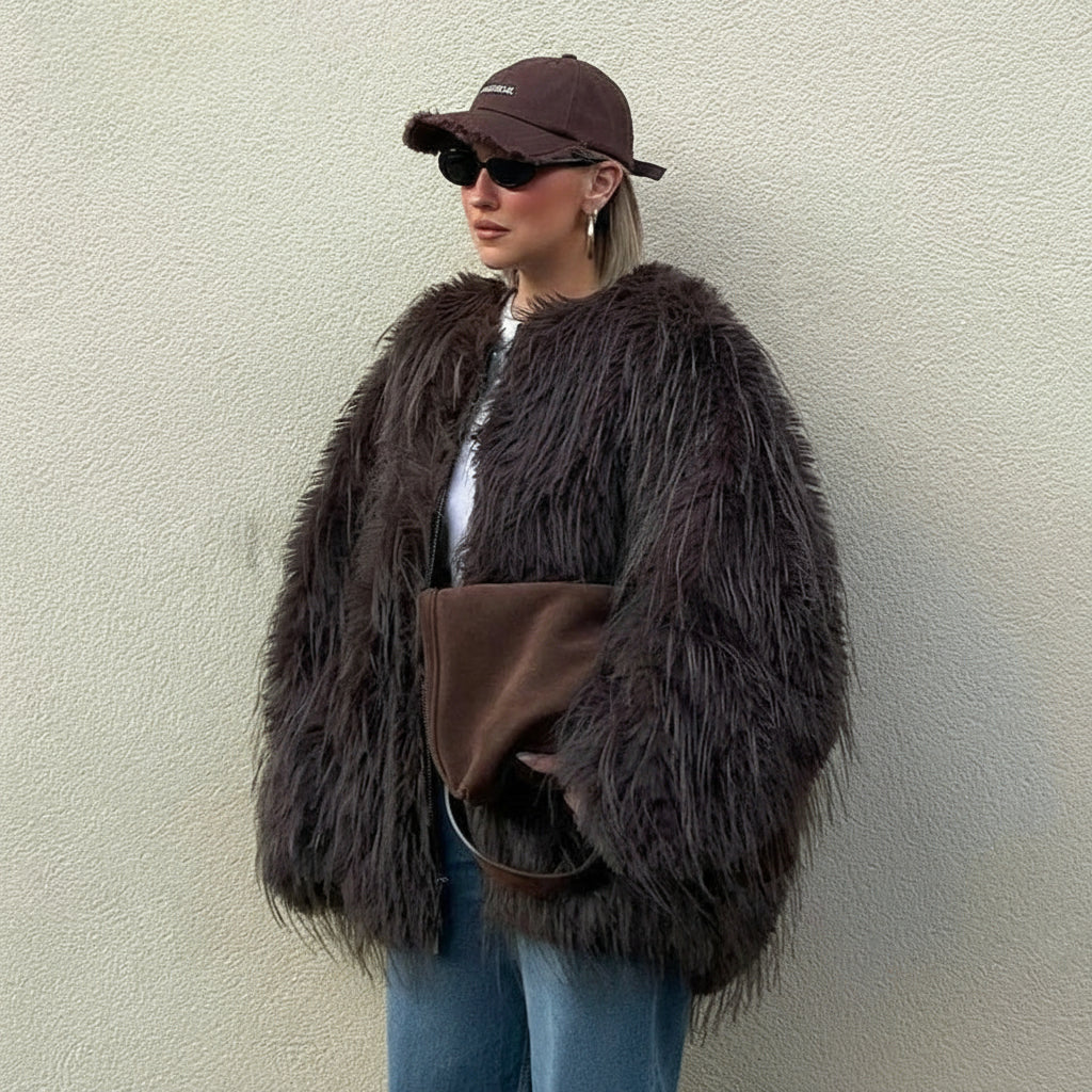 Maevra Oversized Mongolian-Style Faux Fur Jacket – Mocha Fluffy Faux Fur Coat for Women