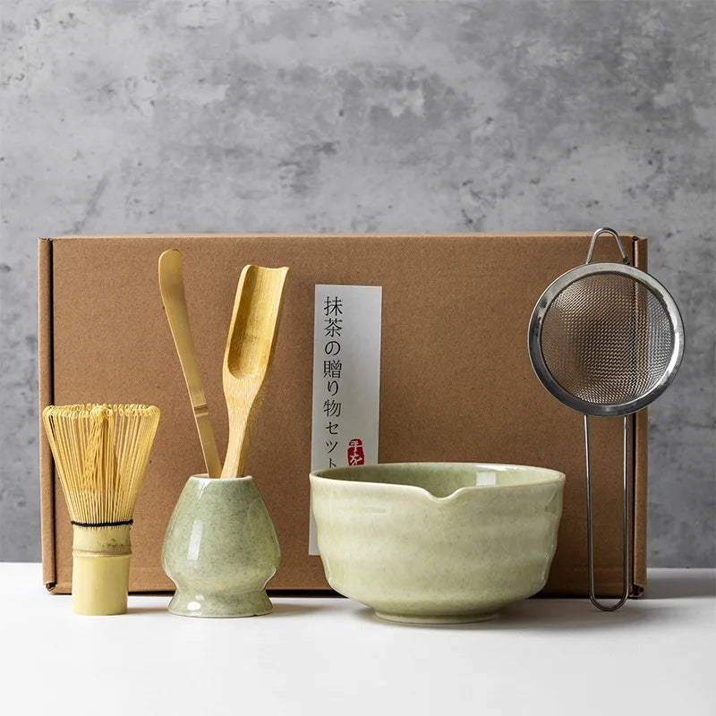 Matcha Tea Set with Ceramic Bowl & Bamboo Accessories – 4/5/6 Piece Traditional Japanese Matcha Kit in Sage Green