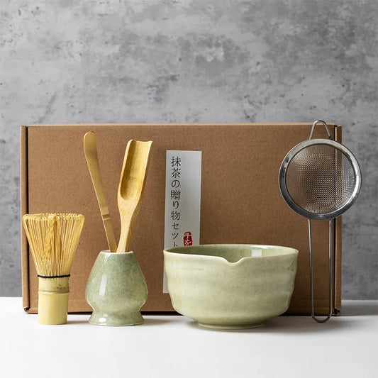 Matcha Tea Set with Ceramic Bowl & Bamboo Accessories – 4/5/6 Piece Traditional Japanese Matcha Kit in Sage Green
