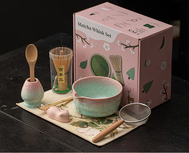 Hyoka Glaze Ceramic Matcha Tea Set – 4 Piece & 8 Piece Matcha Starter Kit, Matcha Bowl with Whisk, Scoop, Strainer and Accessories