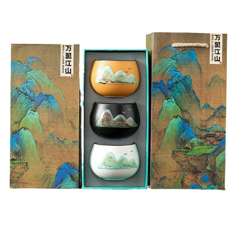 Takumi Mountain Ceramic Tea Cup Gift Set – 3 Piece Small Tea Cups with Gift Box for Espresso, Coffee and Tea Serving Tableware