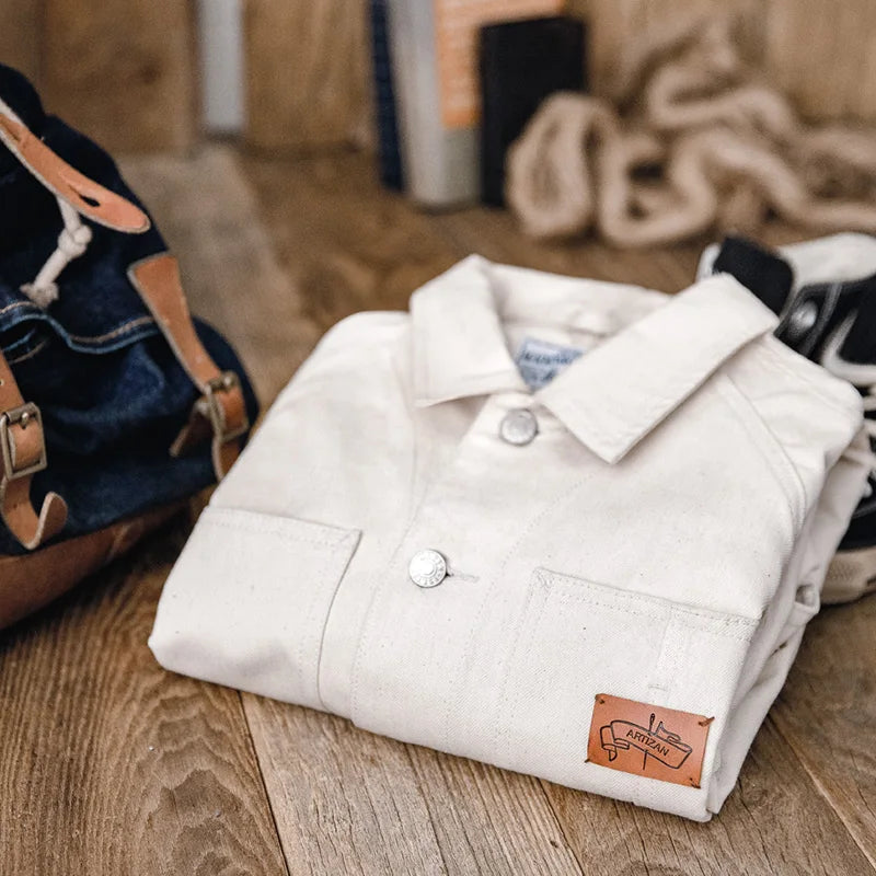 Marlowe Men’s Cream Denim Jacket – Button Up Utility Jacket with Large Pocket Detail and Classic Collar