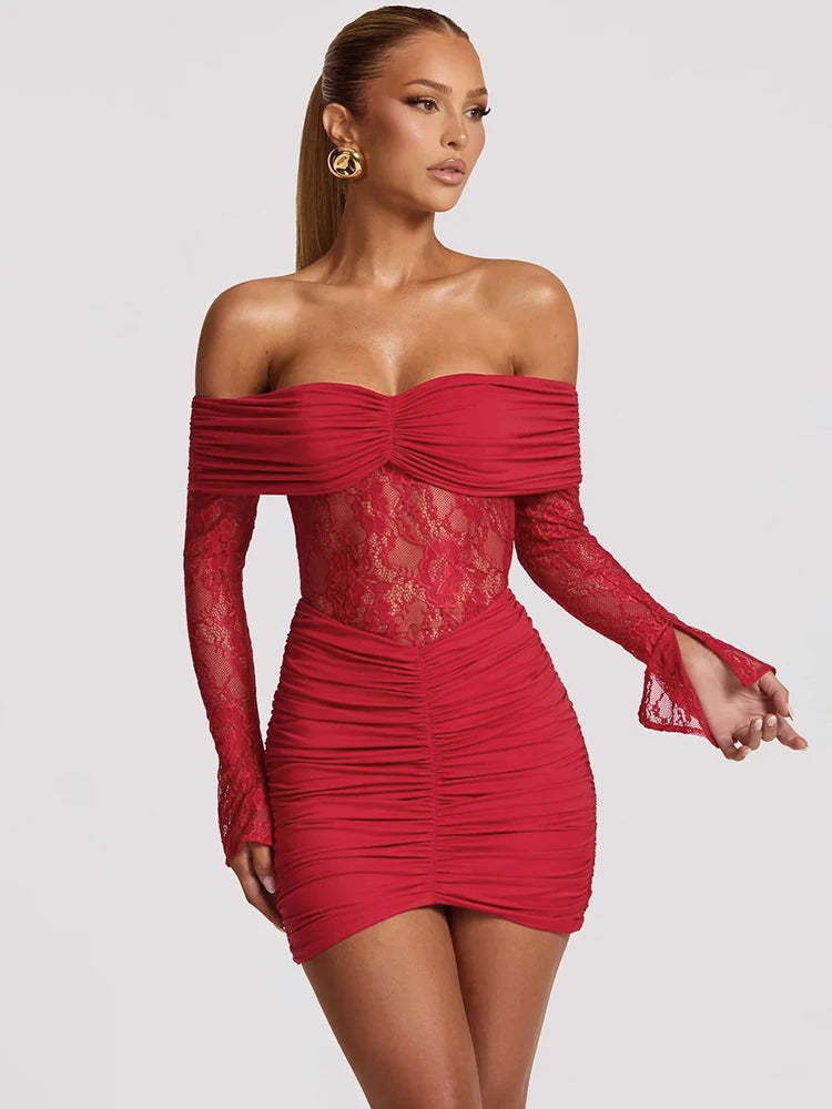 Serelisse Off-Shoulder Lace Mini Dress – Ruched Long-Sleeve Party & Clubwear Evening Outfit