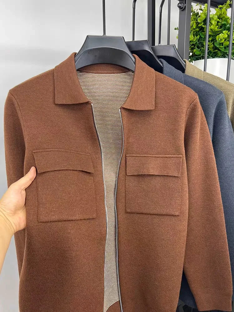 Men's Wool Blend Zip-Up Cardigan Jacket – Smart Casual Knit Overshirt with Utility Pockets and Turn-Down Collar