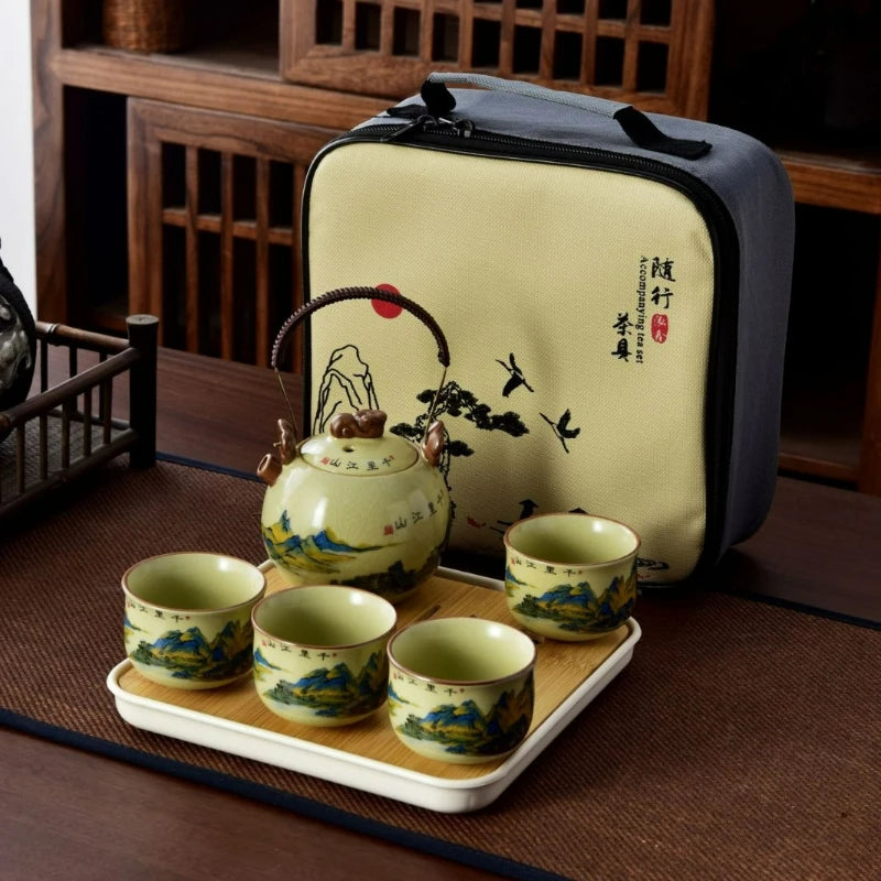 Willow Grove Travel Tea Set Collection – Ceramic Teapot and 4 Teacups Portable Tea Set with Case for Home, Gift and Outdoor Use