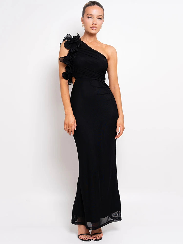 Delphina One Shoulder Ruched Maxi Dress with Floral Appliqué – Black or Green Wedding Guest Outfit