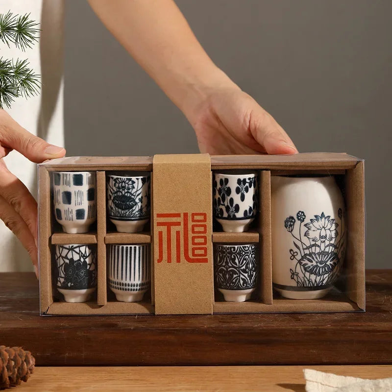 Imperial Sake Set with Ceramic Carafe – 9 Piece Black and White Tea Set Gift Box