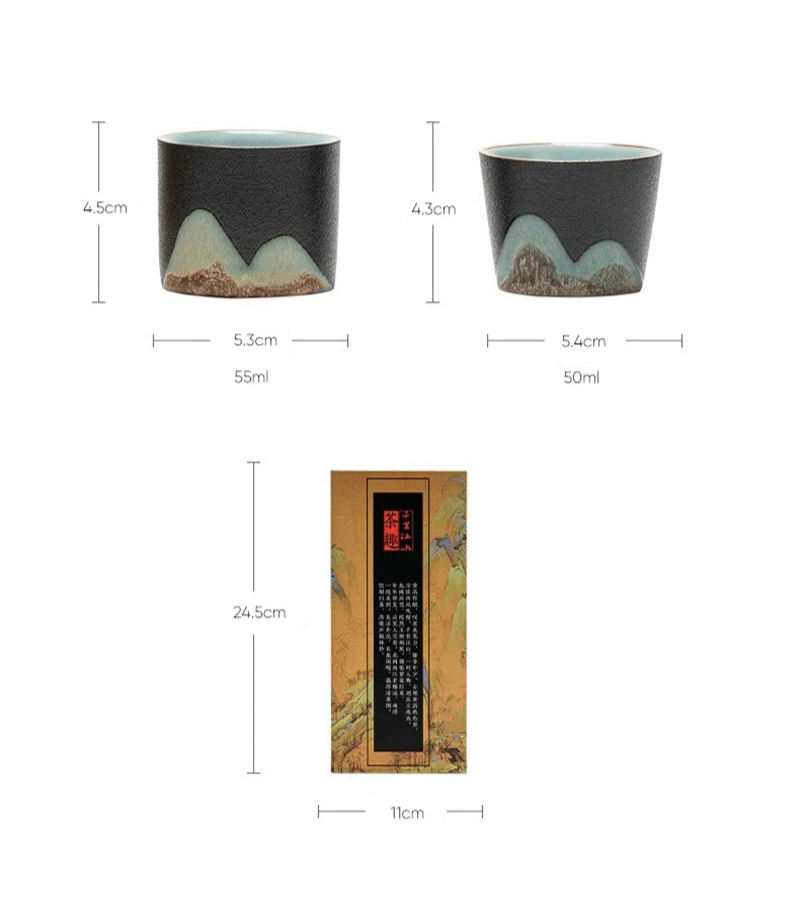 Mountain Landscape Ceramic Tea Cup Gift Set – 3-Piece Handmade Cups with Traditional Art Gift Box