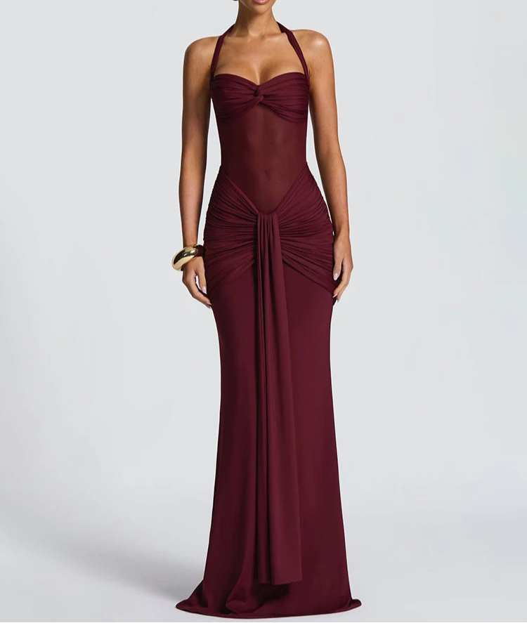 Syrene Halter Ruched Bodycon Maxi Dress – Sculpting Evening Gown for Weddings, Events & Parties
