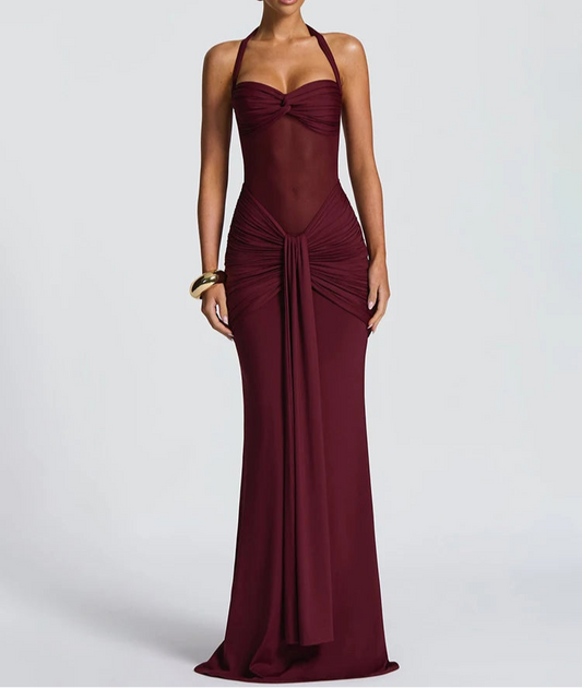 Syrene Halter Ruched Bodycon Maxi Dress – Sculpting Evening Gown for Weddings, Events & Parties