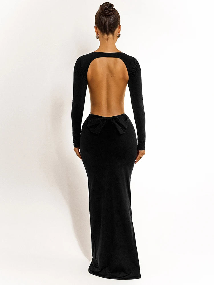 Naevia Long Sleeve Backless Maxi Dress – Open Back Bodycon Evening Gown with Bow Detail