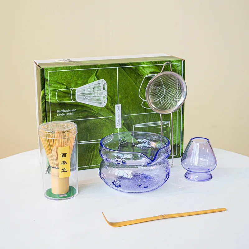 Matcha Tea Ceremony Set – Pink/ Blue Glass Matcha Bowl With Bamboo Whisk, Scoop & Accessories 4/5/7/8 Piece Set