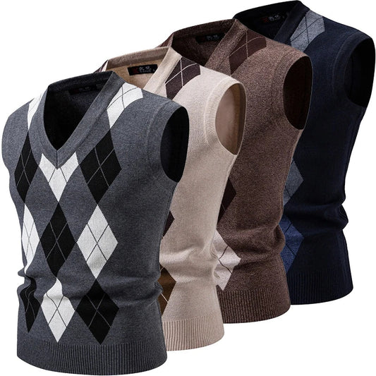 Men’s Argyle Knit Sleeveless Jumper Vest – Classic Diamond Pattern V-Neck Pullover