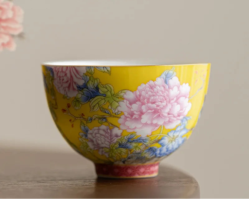 Kiyorae Floral Ceramic Tea Cup – Hand Painted Peony Matcha Bowl Small Tea Cup for Matcha, Herbal Tea & Espresso