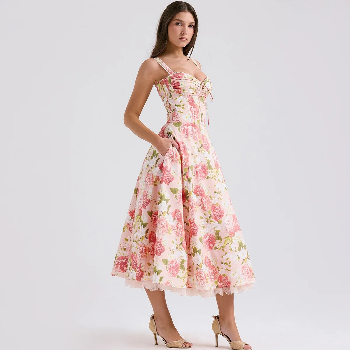 Roselisse Rose Print Corset Midi Dress with Wide Straps – Floral A-Line Summer Dress, Wedding Guest & Occasion Dress