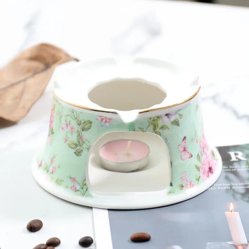 English Garden Ceramic Teapot with Candle Warmer – Vintage Floral Afternoon Tea Pot