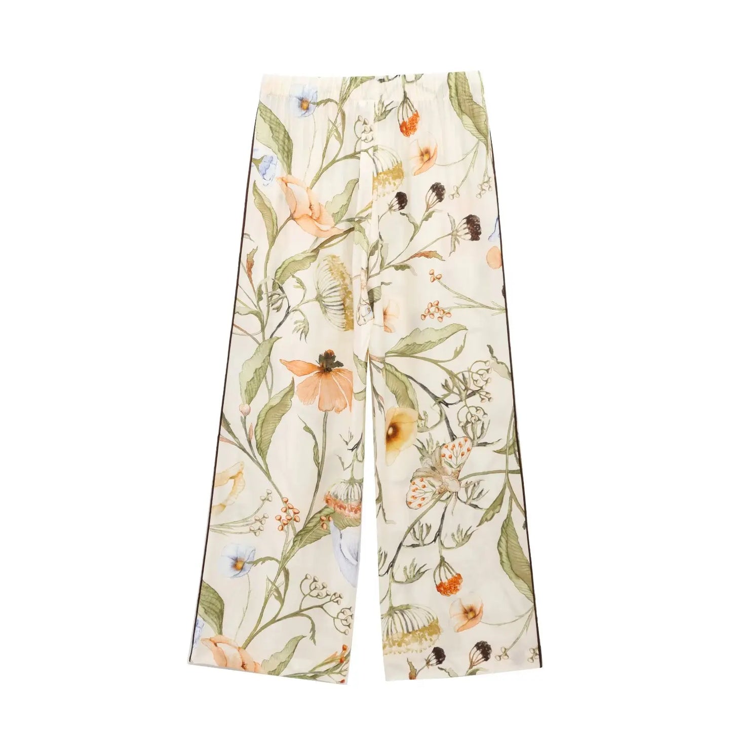 Florielle Two-Piece Wide-Leg Shirt and Trouser Co-Ord Set – Cream Floral Matching Outfit with Elastic Waist