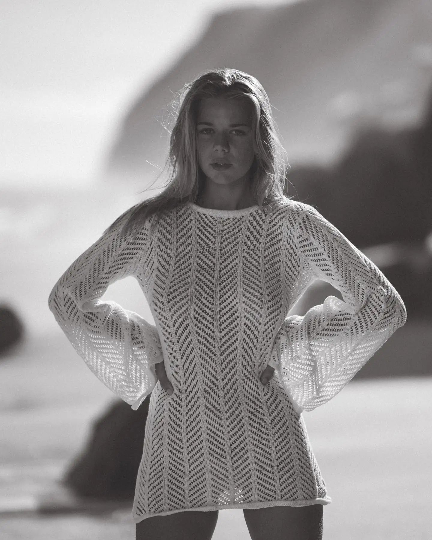 Zireya Backless Crochet Knit Mini Dress – Long Sleeve Sheer Swimwear Cover Up Beach Dress
