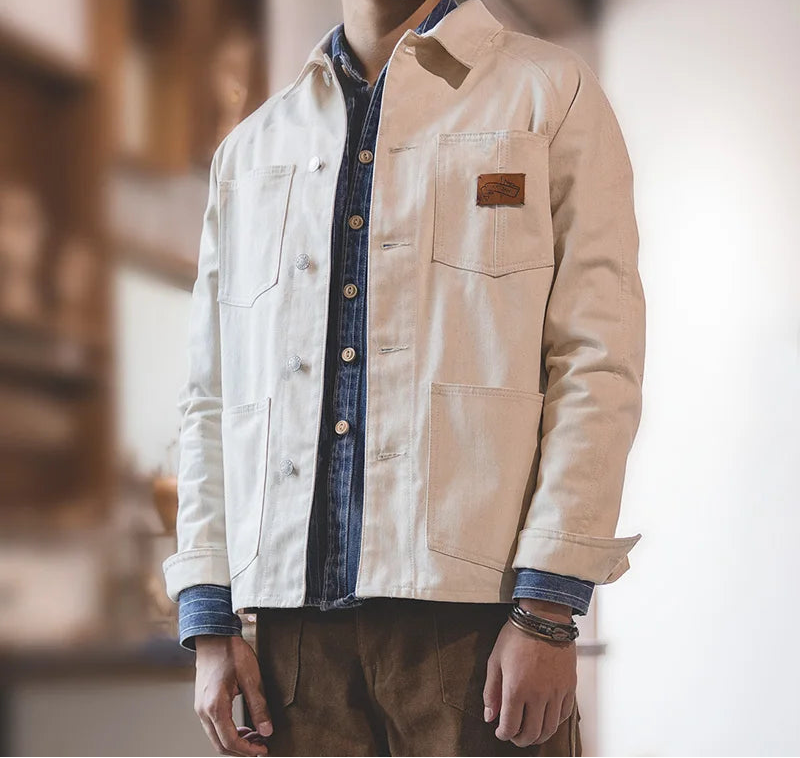 Marlowe Men’s Cream Denim Jacket – Button Up Utility Jacket with Large Pocket Detail and Classic Collar