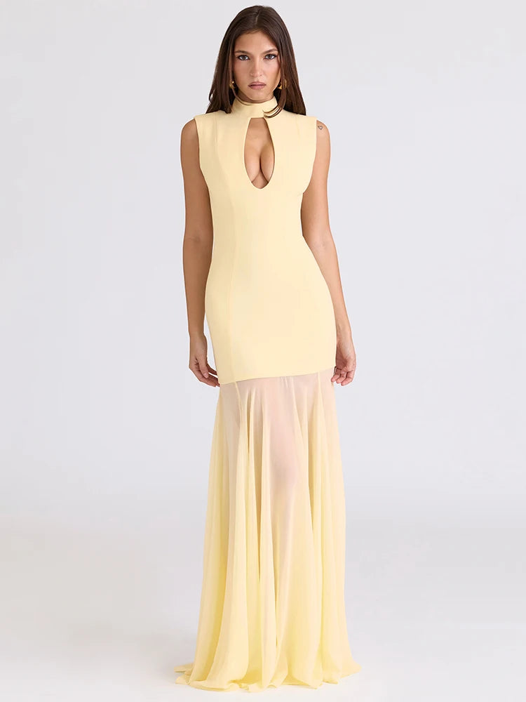 Averine High Neck Cut-Out Maxi Dress – Sleeveless Evening Gown with Sheer Fishtail Hem for Partywear & Wedding Guests