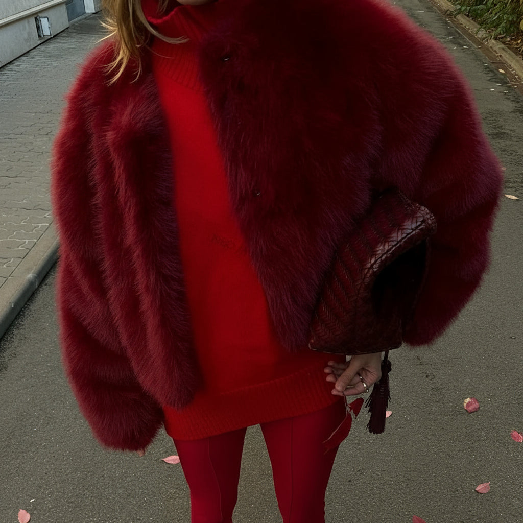 Noelinne Cropped Faux Fur Jacket – Women’s Red Fluffy Faux Fur Coat for Winter Outfits, Festive Evenings & Party Season Style