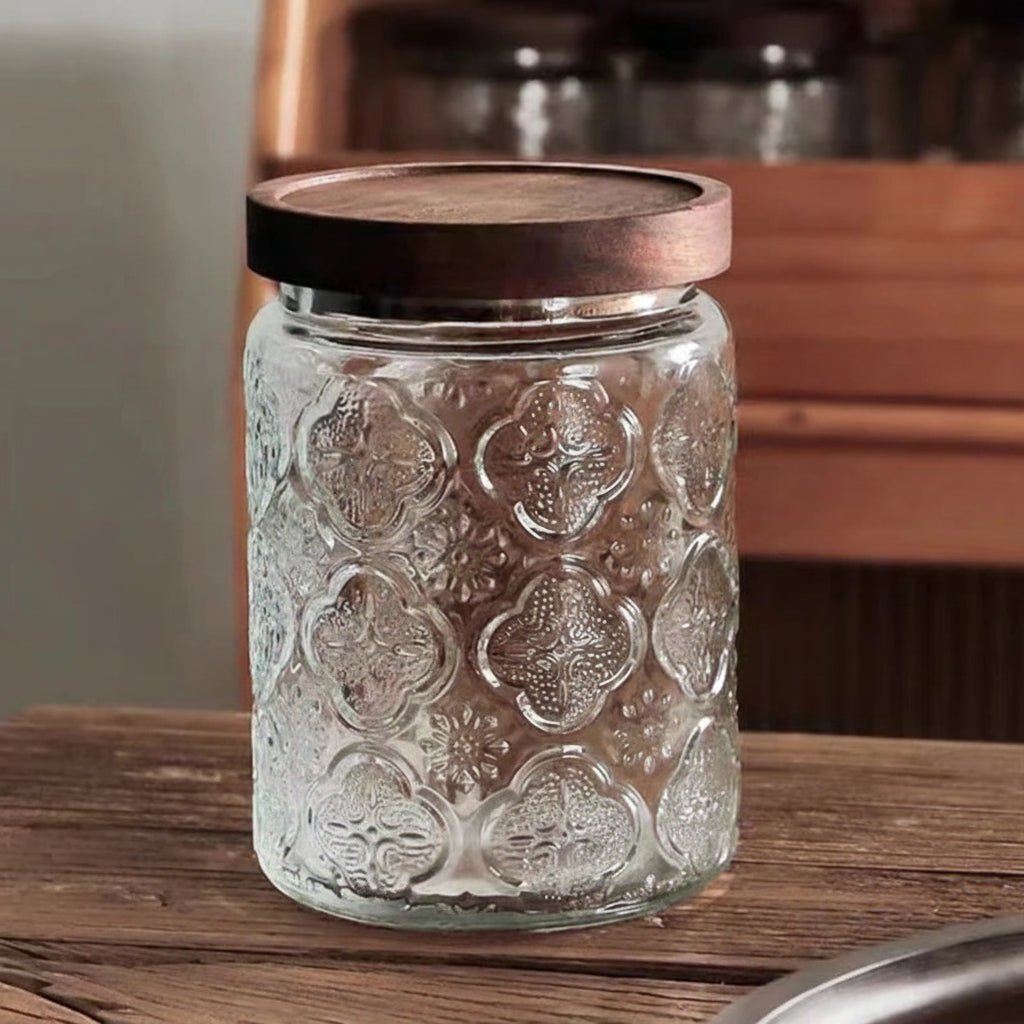 Embossed Glass Storage Jar with Wooden Lid