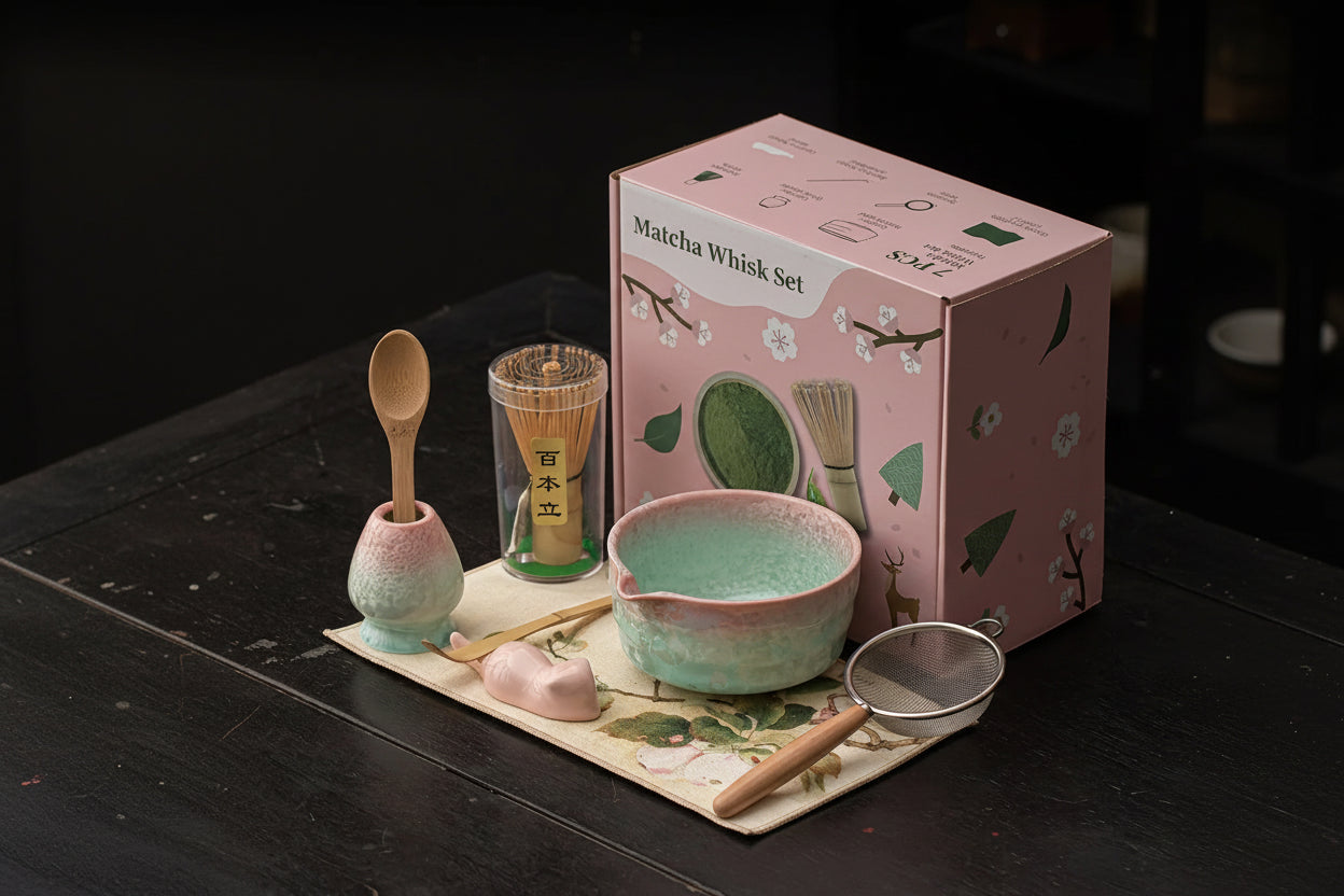 Hyoka Glaze Ceramic Matcha Tea Set – 4 Piece & 8 Piece Matcha Starter Kit, Matcha Bowl with Whisk, Scoop, Strainer and Accessories