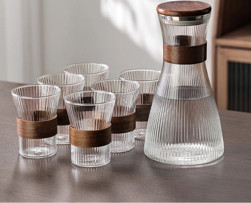 Ribbed Glass Carafe & Tumbler Set with Wooden Lid, Stand and Tray – Elegant Water & Juice Pitcher for Dining and Entertaining