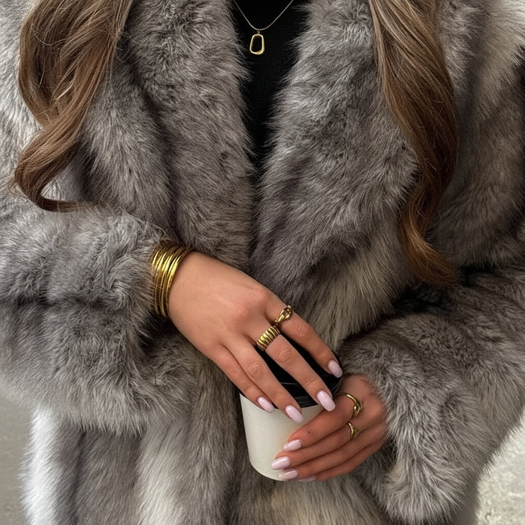 Marenza Long Plush Faux Fur Coat – Women’s Luxury Striped Faux Fox Jacket for Winter Daywear and Evening Partywear