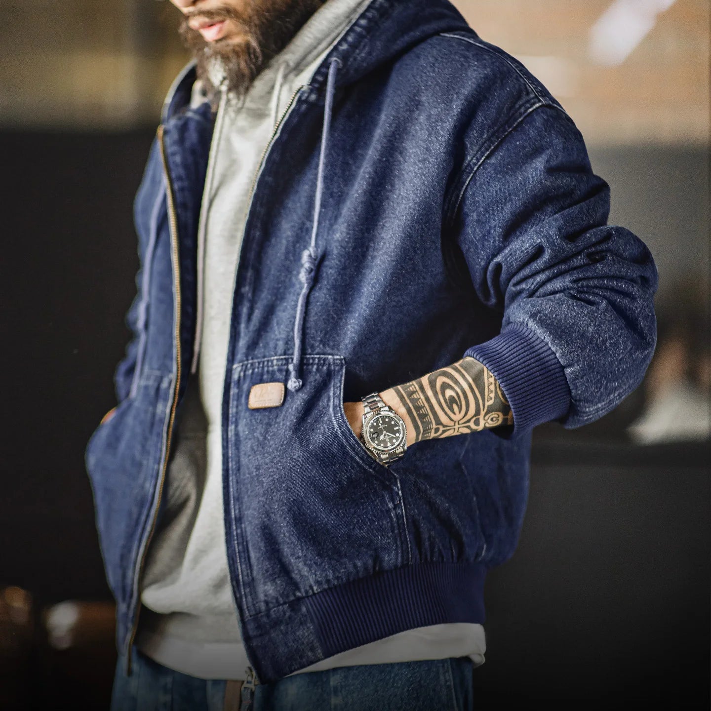 Halston Washed Denim Hooded Jacket – Men’s Lined Heavyweight Zip-Up Outerwear with Drawstring Hood and Inner Pocket