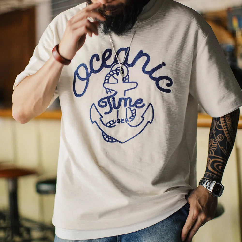 Marino Men’s Graphic Cotton T-Shirt – Cream Crew Neck Anchor Print Short Sleeve Tee