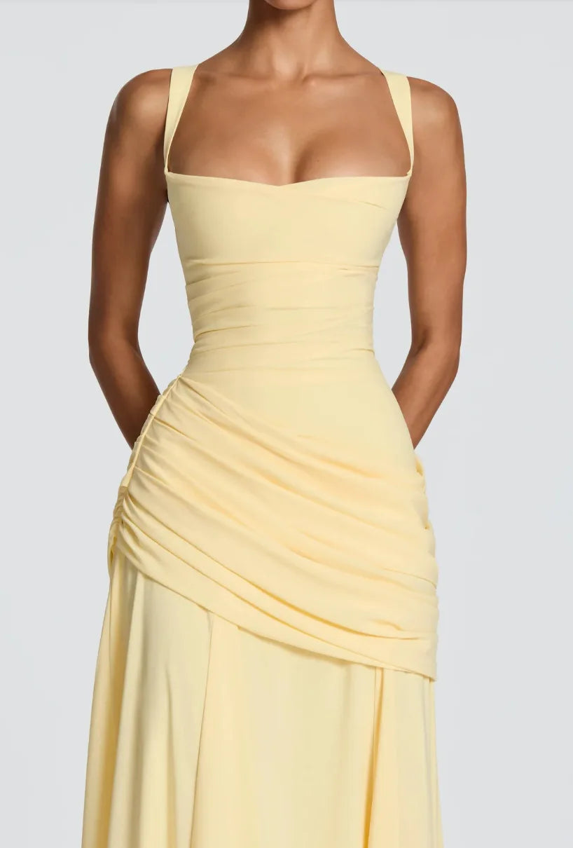 Carmela Ruched Draped - Yellow Maxi Dress