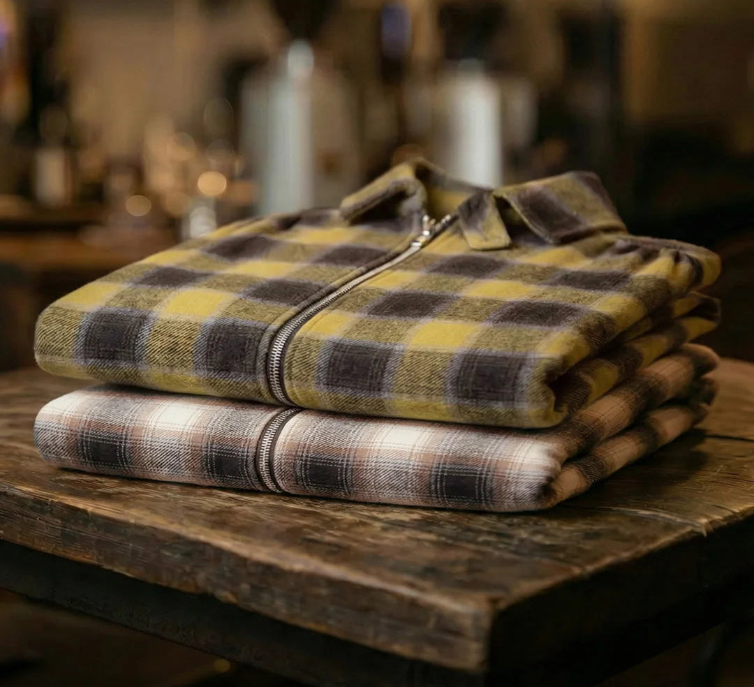 Harrington Men’s Check Zip Overshirt – Brown Plaid Cotton Shirt Jacket with Zip Front Long Sleeve Casual Layer