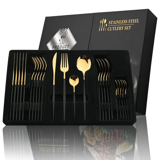 24-Piece Stainless Steel Cutlery Set – Luxury Knife, Fork, Spoon & Teaspoon Flatware Set with Gift Box – Black, Gold, Silver & Mixed Colours