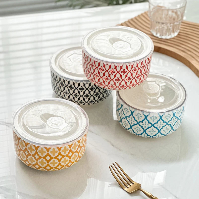 Mosaic Ceramic Storage Bowl with Lid – Floral Food Storage & Serving Bowl