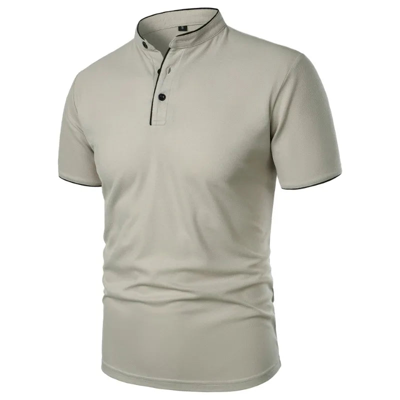 Men’s Mandarin Collar Polo Shirt – Short Sleeve Casual Buttoned Tee in 9 Colours for Everyday Comfort