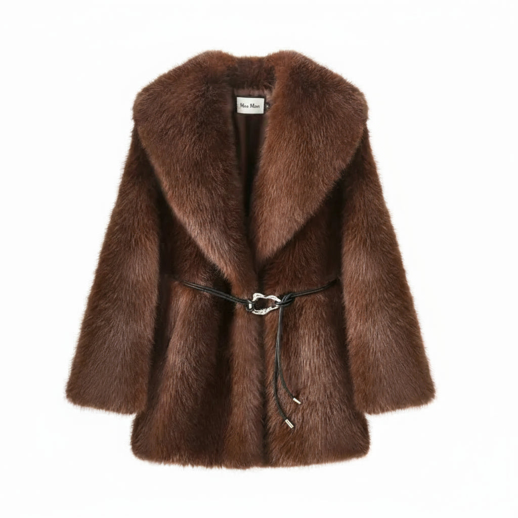 Marquelle Belted Plush Faux Fur Coat – Women’s Long Luxury Winter Jacket for Daywear and Evening Partywear