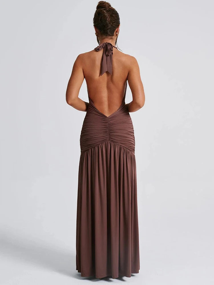 Plunge Ruched Halter Maxi Dress with High Slit