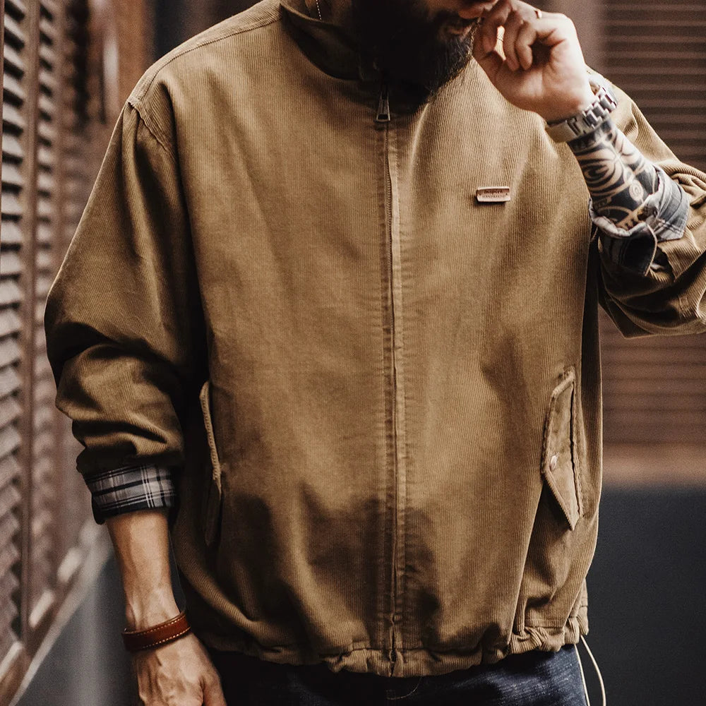 Harron Men’s Corduroy Jacket – Brown Zip Through Casual Jacket with Stand Collar and Pocket Detail