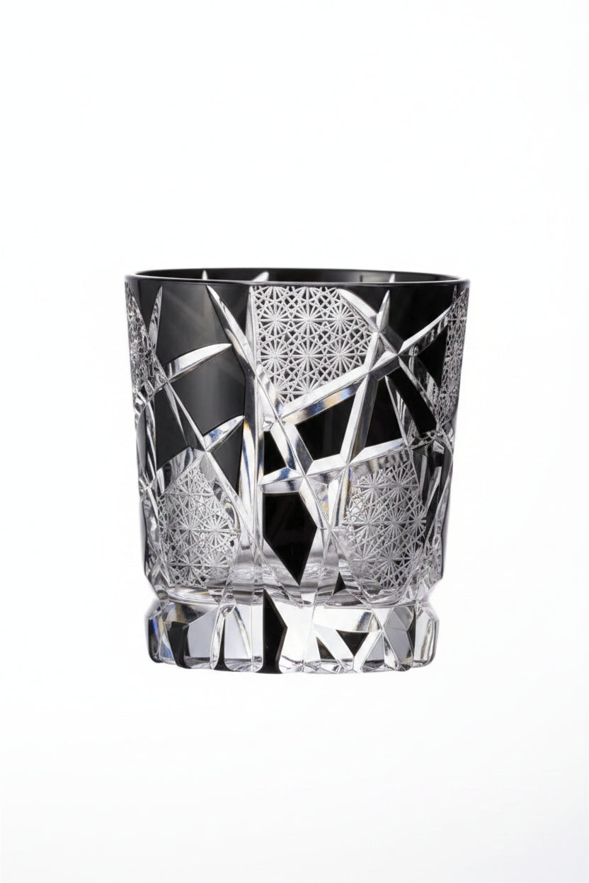 Kurogane Black Cut Glass Whisky Tumbler 250ml with Wooden Gift Box