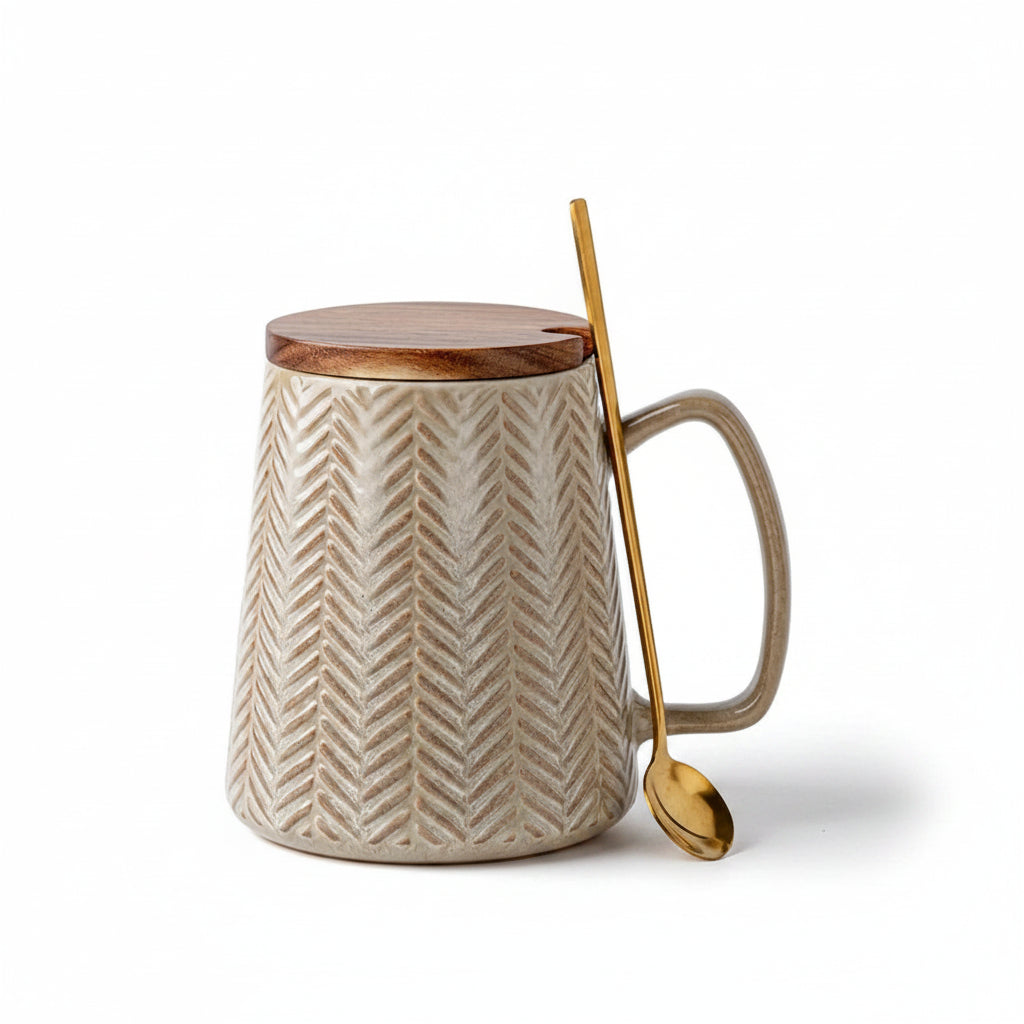 Wheat Weave Embossed Ceramic Mug with Wooden Lid & Spoon